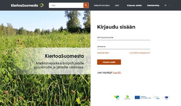 KiertoaSuomesta.fi -palvelun sisäänkirjautumissivu