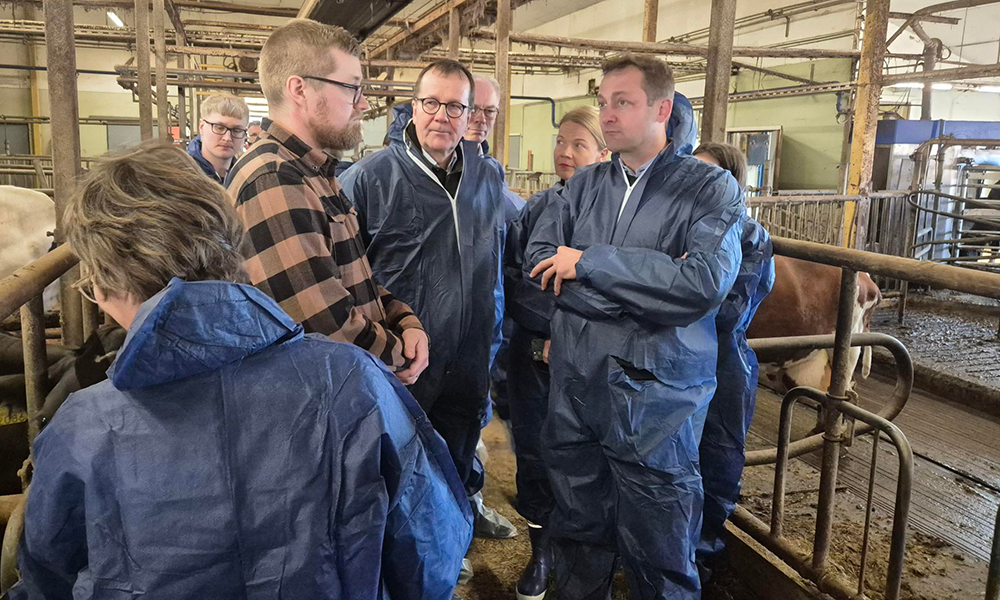 Vasemmalta Sari Essayah (edessä selin), Juho Kantola, Matti Kivelä, Kari Valonen, Taru Haapaniemi ja Christophe Hansen.